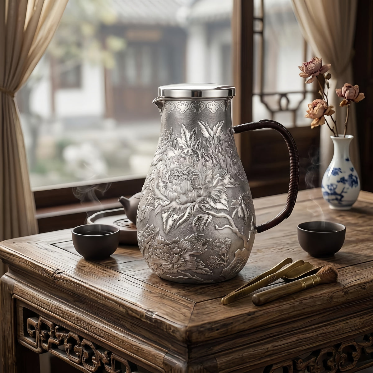 Pure 999 Fine Silver Exquisite Hand-Carved Silver Floral Pitcher with Intricate Peony Relief and Rattan-Wrapped Handle - Handicraft