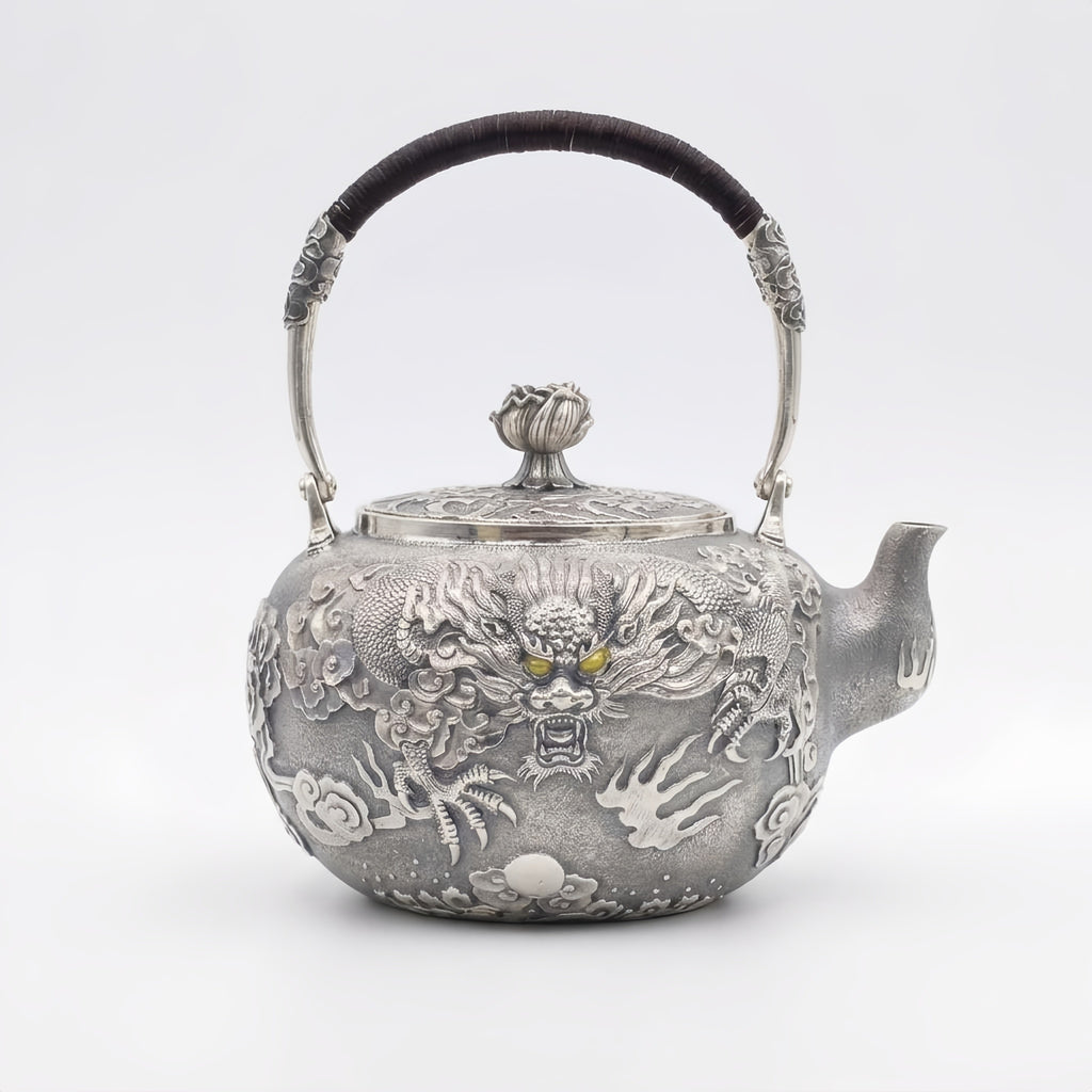 925 Sterling Silver Handcrafted Silver Tea Kettle with Exquisite Imperial Dragon Relief and Lotus Lid - Handicraft