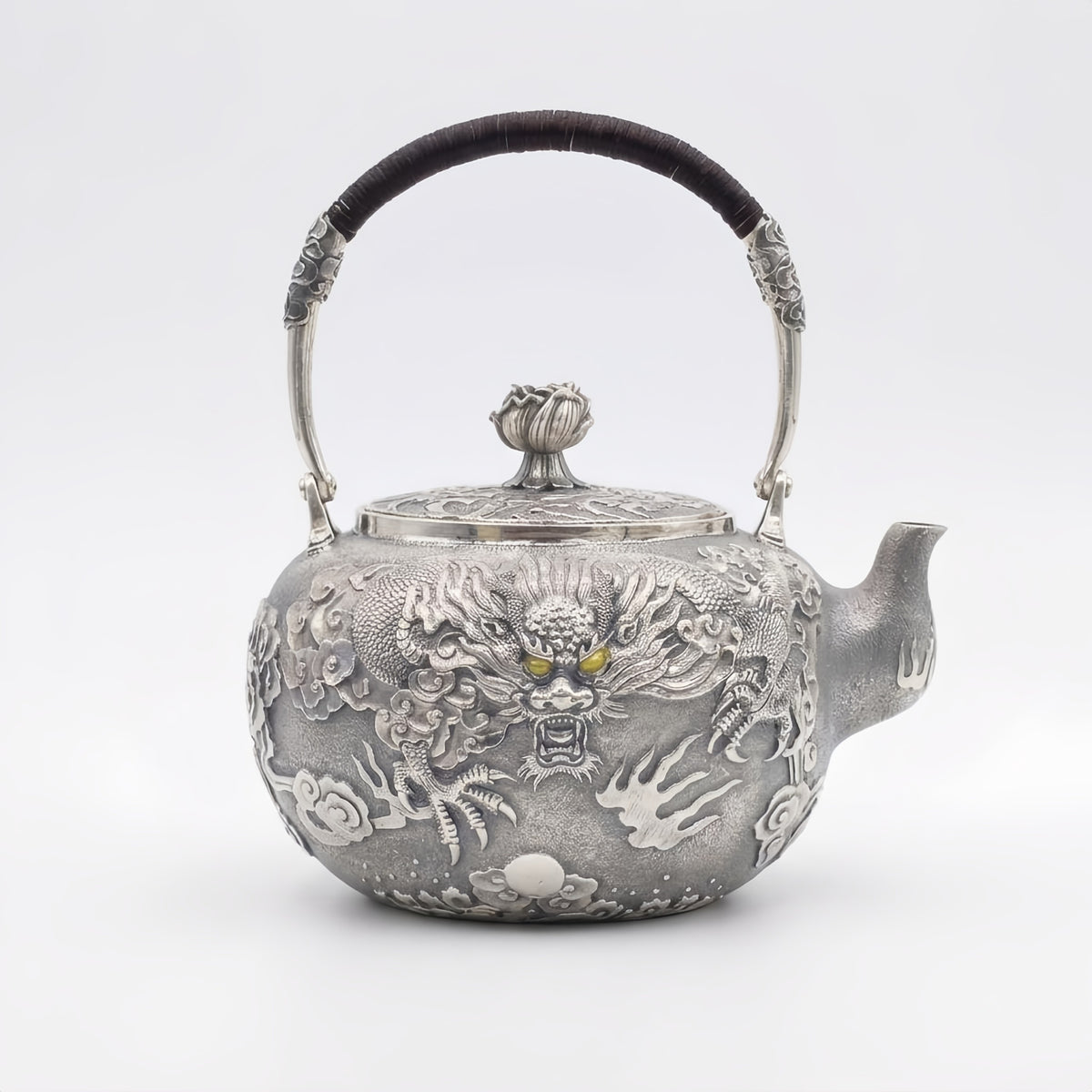 925 Sterling Silver Handcrafted Silver Tea Kettle with Exquisite Imperial Dragon Relief and Lotus Lid - Handicraft