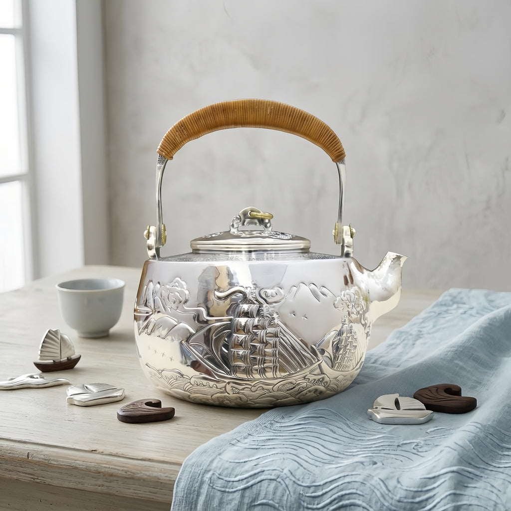 Pure 999 Fine Silver Vintage Handcrafted Silver Teapot Featuring a Detailed Embossed Nautical Sailing Scene - Handicraft