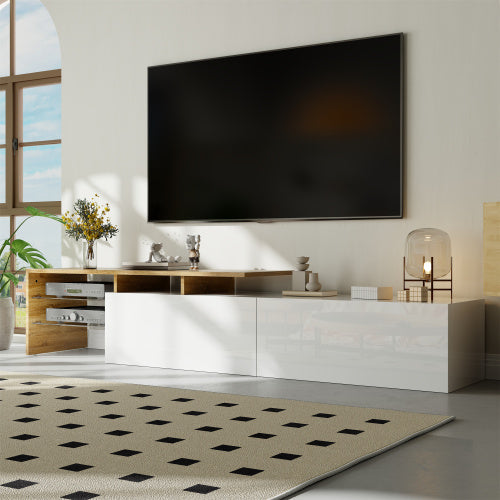 Modern TV Cabinet Design Stylish And Elegant, Practical Storage Space, Black And Wood Look, Glass Shelves, LED Lighting