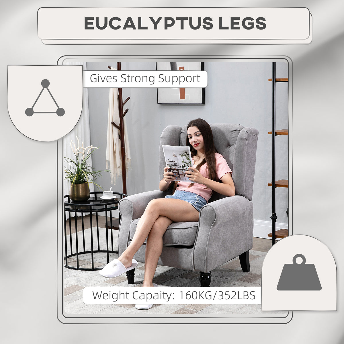 Gray Fabric Tufted Club Accent Chair With Removable Cushion, Wooden Legs