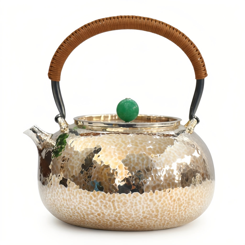 Pure 999 Fine Silver Handcrafted Hammered Silver Teapot with Rattan-Wrapped Handle and Jade Green Lid Knob - Handicraft