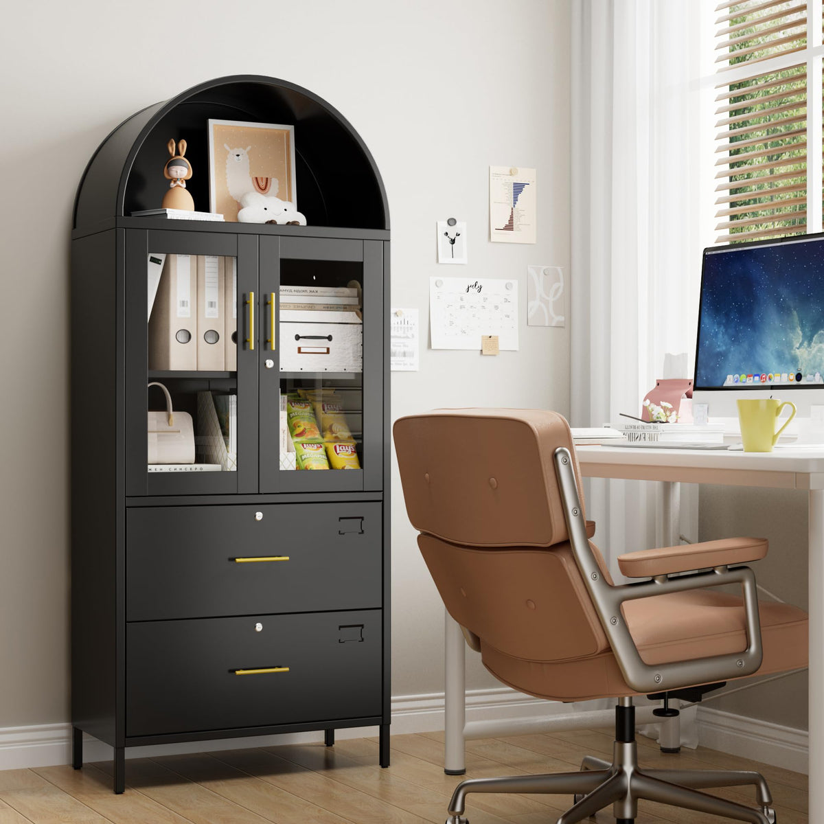 73inch H Metal Arch File Cabinet, Black Arched Bookcase With Locking Glass Doors And Drawers,Filing Cabinet For Home Office,Assemble Required,Black