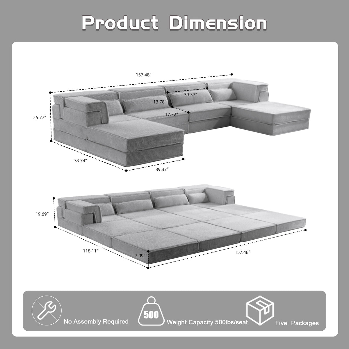 Compression Mahjong Sofa,Convertible Floor Sofa Bed,DIY Boneless Modular Sectional Sofa,No Assembly Required,Circle Fleece Fabric,Oversized 4 Seater With 2 Ottoman,Light-grey