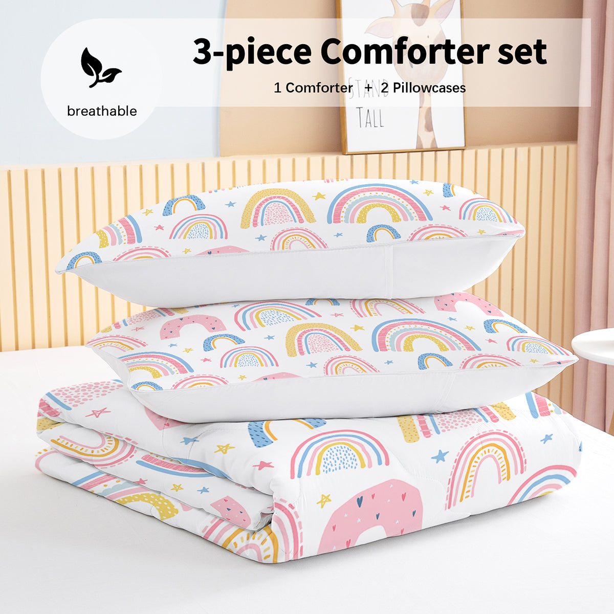 Rainbow Pattern Comforter Set For Women Pink And Yellow Rainbow Star Comforter 3 Piece With 2 Pillow Shams 1 Comforter And 2 Pillow Shams  Twin Full Queen King Size