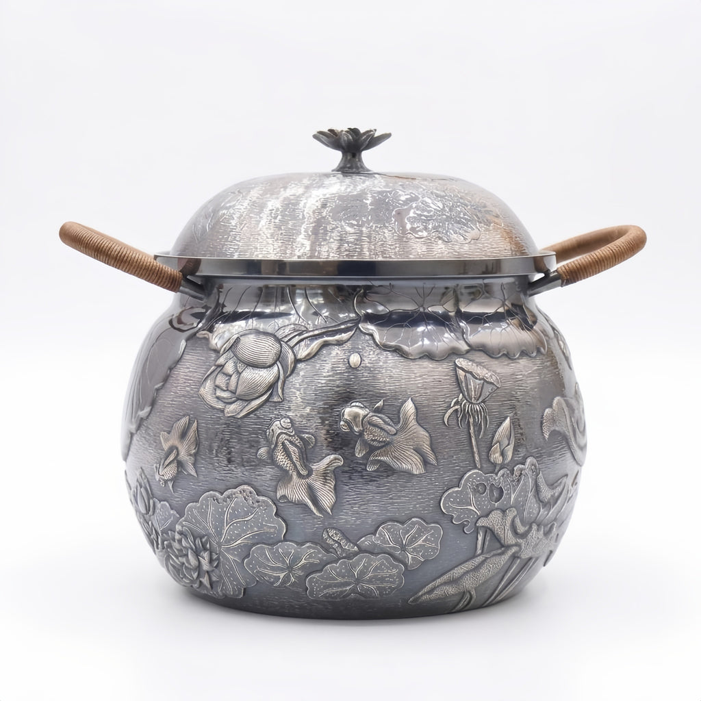 Pure 999 Fine Silver Handcrafted Silver-Toned Pot Featuring Elaborate Silverfish and Lotus Relief Carvings with Rattan Handles - Handicraft