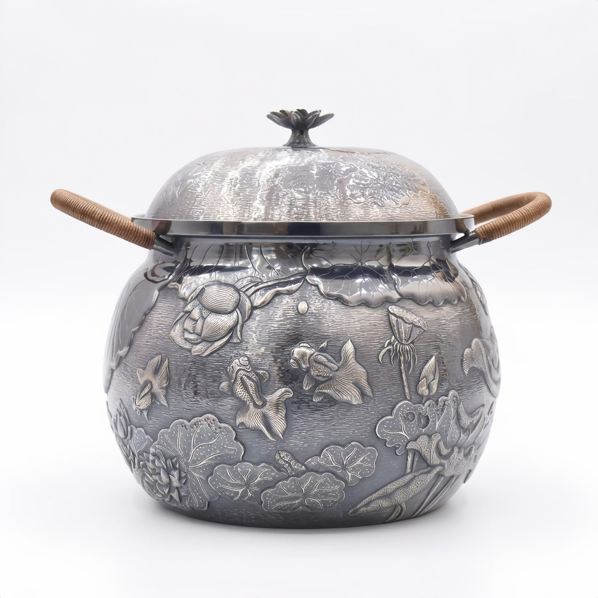 Pure 999 Fine Silver Handcrafted Silver-Toned Pot Featuring Elaborate Silverfish and Lotus Relief Carvings with Rattan Handles - Handicraft