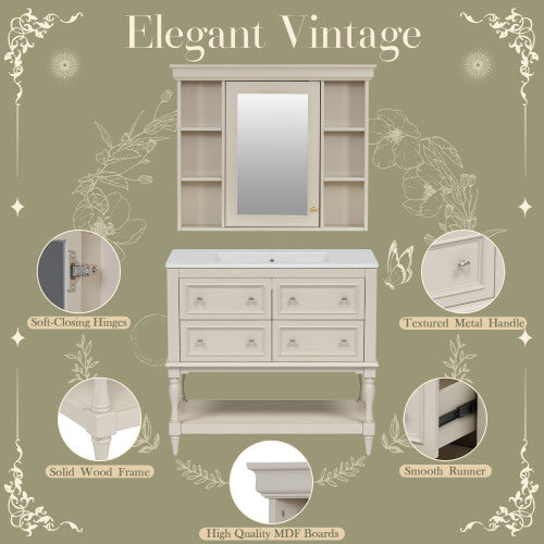 36'' Bathroom Vanity With Medicine Cabinet, Modern Mirror Cabinet With Adjustable Shelf, Bathroom Storage Cabinet With 4 Drawers, Solid Wood Frame Bathroom Storage Cabinet