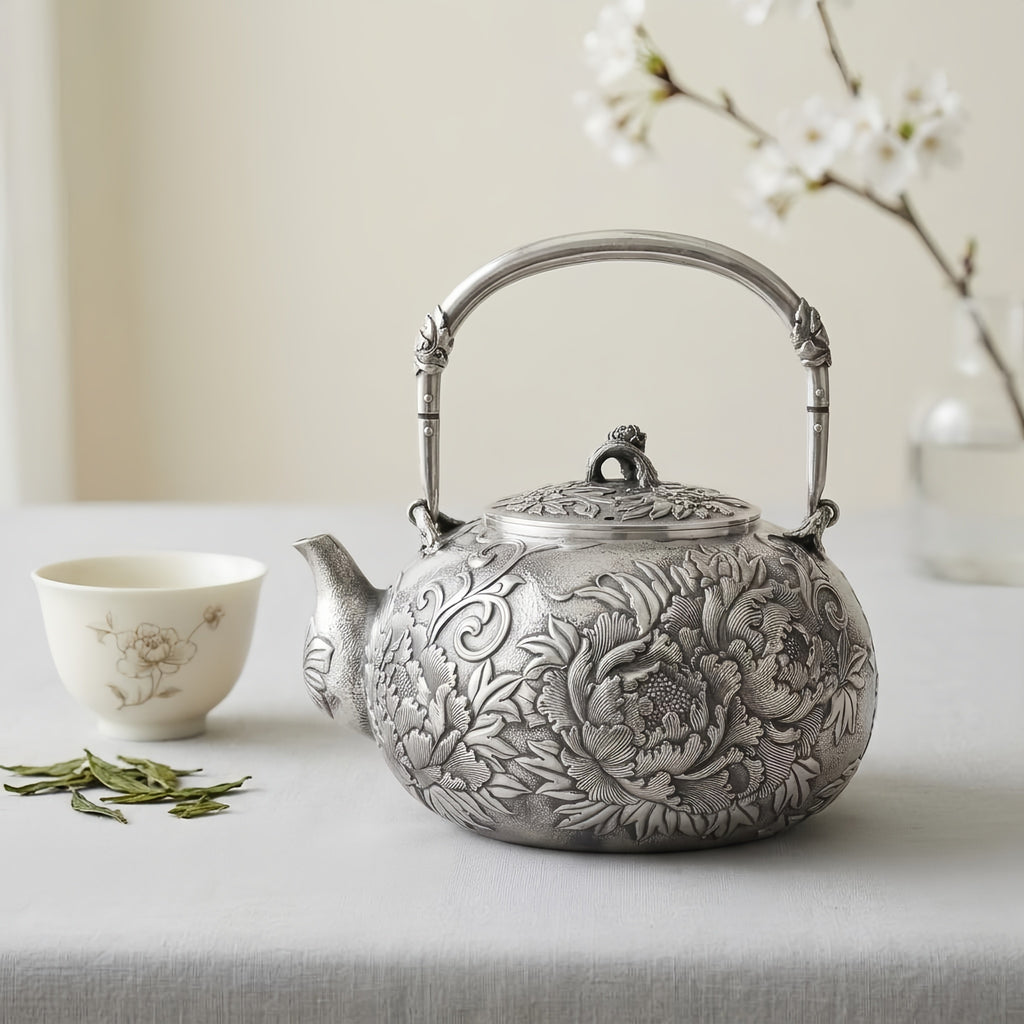 925 Sterling Silver Elegant Silver Teapot Featuring Intricate Peony Engravings and Ornate Handle - Handicraft