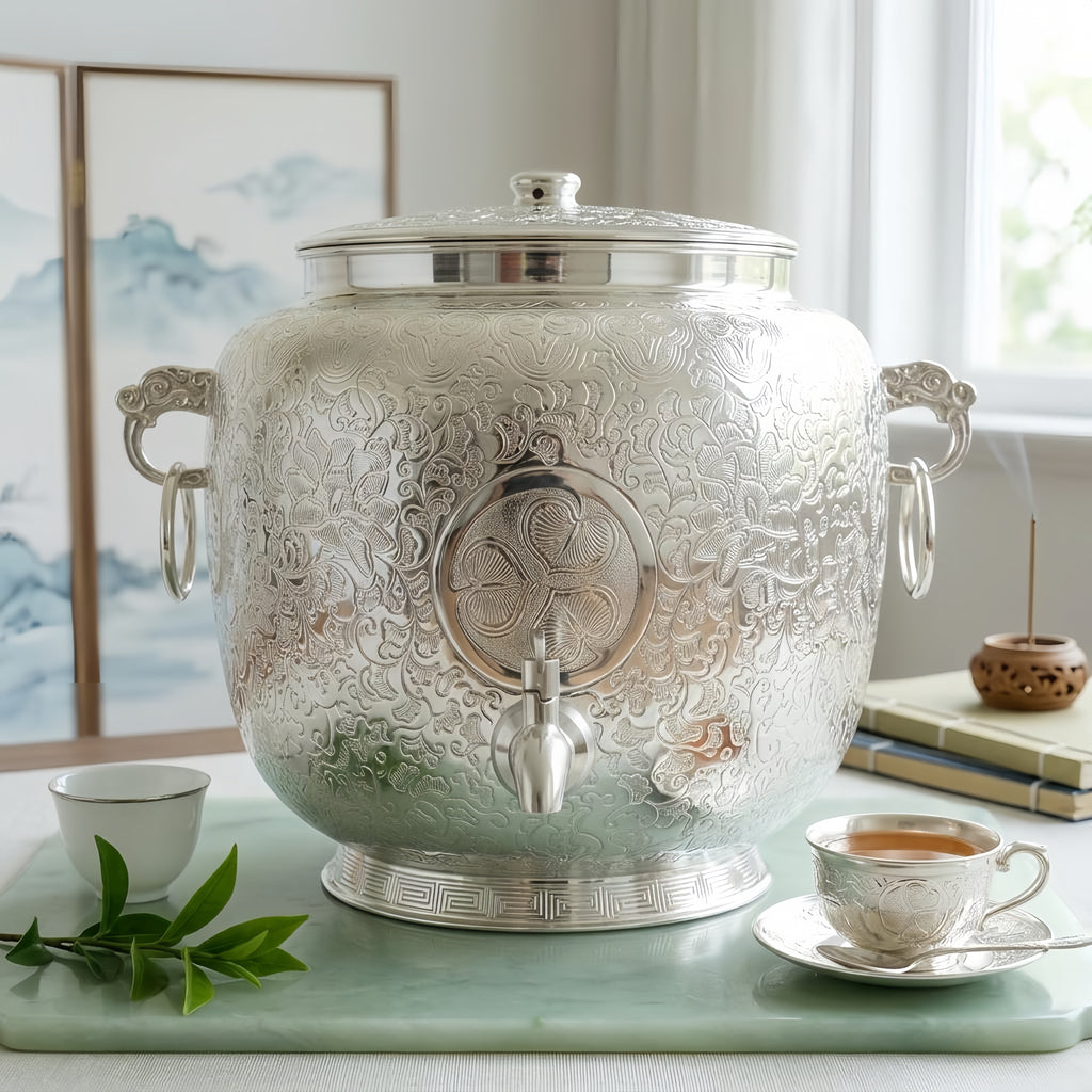925 Sterling Silver Elegant Traditional  Urna Dispenser with Intricate Floral Patterns and Dual Handles-Premium Water Tank - Handicraft