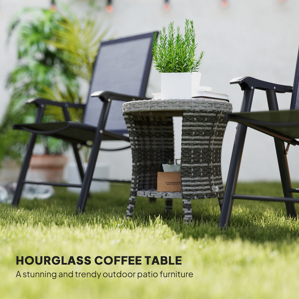 18 Wicker Outdoor Coffee Table, PE Rattan Patio Side Table With 2-Tier Storage, Composite Wood Top, Mixed Gray