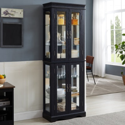 Lighted Glass Curio Display Cabinet,Display Cabinet,Glass Storage Cabinet Glass Wine Cabinet Wood Frame Toy Display For Living Room, Kitchen, Pantry Light Bulb Included Cherry