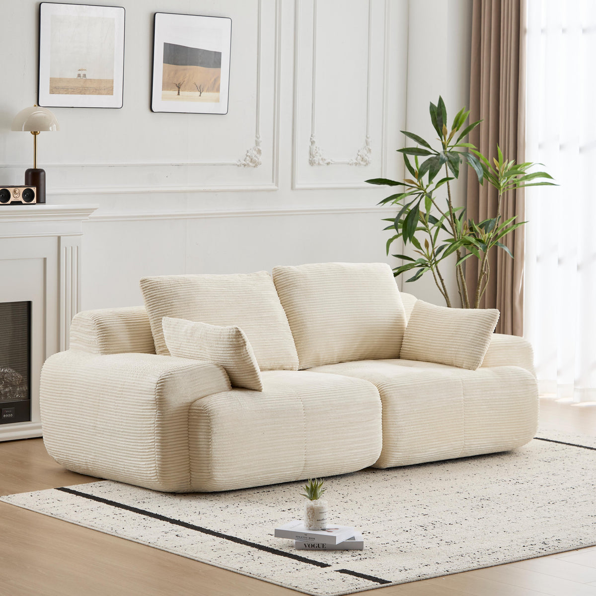 Modern Memory Foam Compressed Sofa,2 Seater Large Sectional Couches For Living Room,Pet-Friendly Cloud Modular Sectional Sofa,Corduroy Fabric,Extra Deep Loveseat,No Assembly Required, Beige