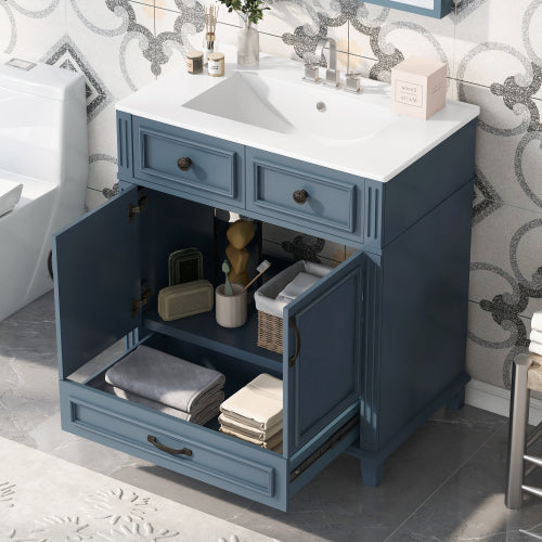 30” Bathroom Vanity with Ceramic Sink | Blue Solid Wood Cabinet