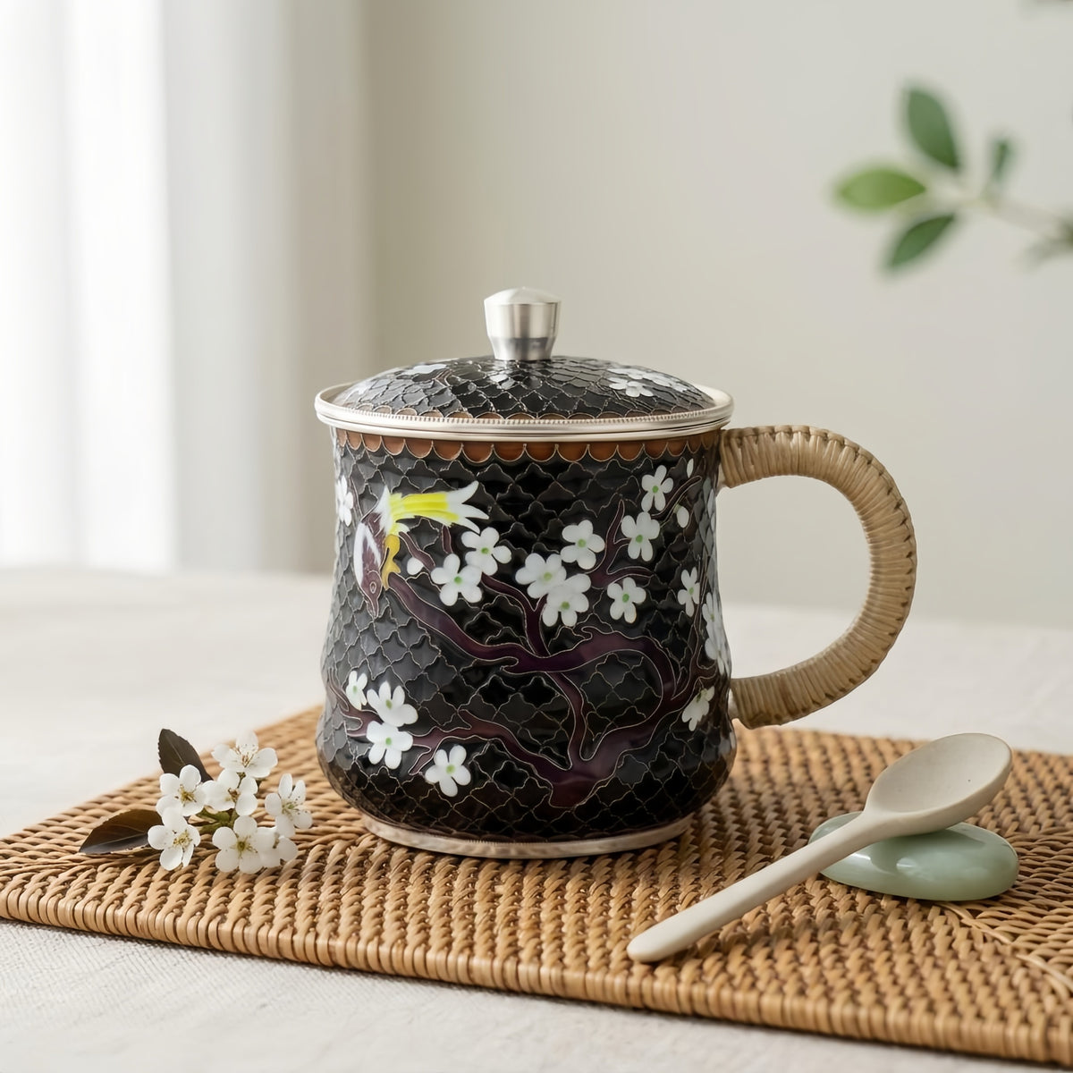 925 Sterling Silver Elegant Handcrafted Enamel Tea Mug with Plum Blossom and Bird Design - Handicraft