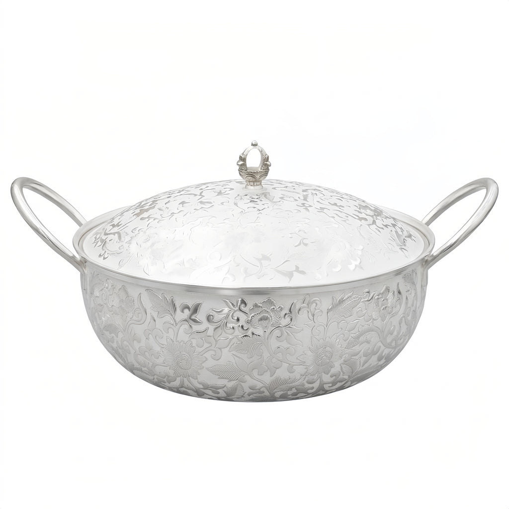 Pure 999 Fine Silver Elegant  Floral-Engraved Serving Pot with Lid and Curved Handles-Premium Hot Pot - Handicraft