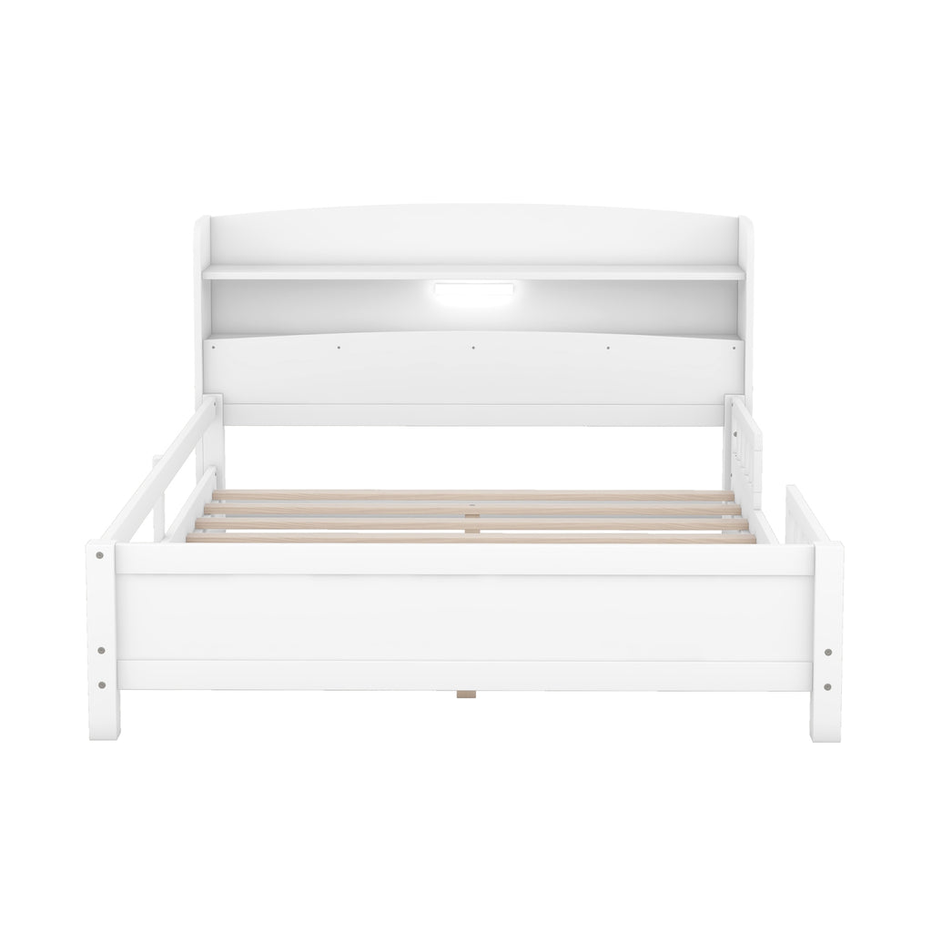 Wood Full Size Platform Bed With LED, Storage Headboard & Guardrail, White