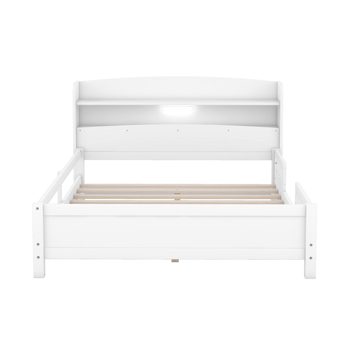 Wood Full Size Platform Bed With LED, Storage Headboard & Guardrail, White