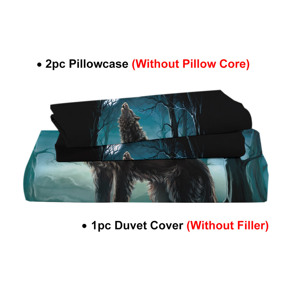 Moon Wolf Bedding Green Watercolor Forest Wolf Landscape Duvet Cover Sets 3 Pieces Wild Animal Bedding Set Twin Full Queen King Size