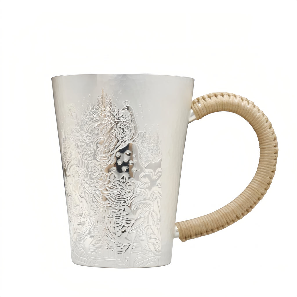Pure 999 Fine Silver Elegant Peacock-Engraved Ceramic Mug with Woven Handle-Premium Master Cup - Handicraft