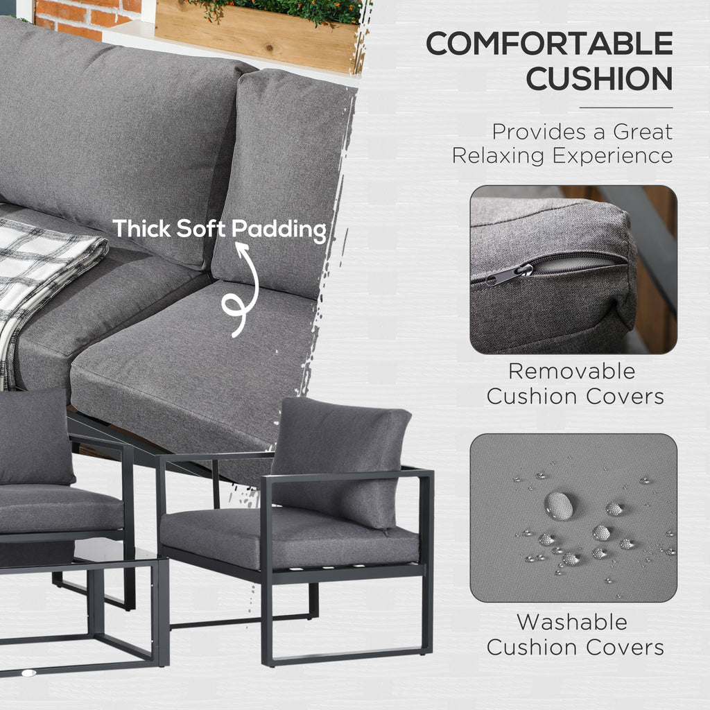 4 Pieces Garden Sofa Set 2 Single Armchair 1 Bench & Side Table Set Aluminium Frame Patio Furniture With Cushions Grey