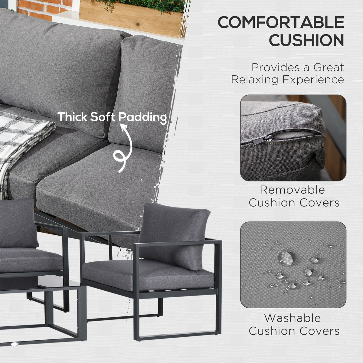 4 Pieces Garden Sofa Set 2 Single Armchair 1 Bench & Side Table Set Aluminium Frame Patio Furniture With Cushions Grey