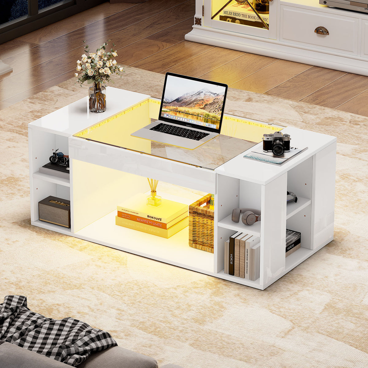 High Gloss Coffee Table With Open Storage, LED Lights