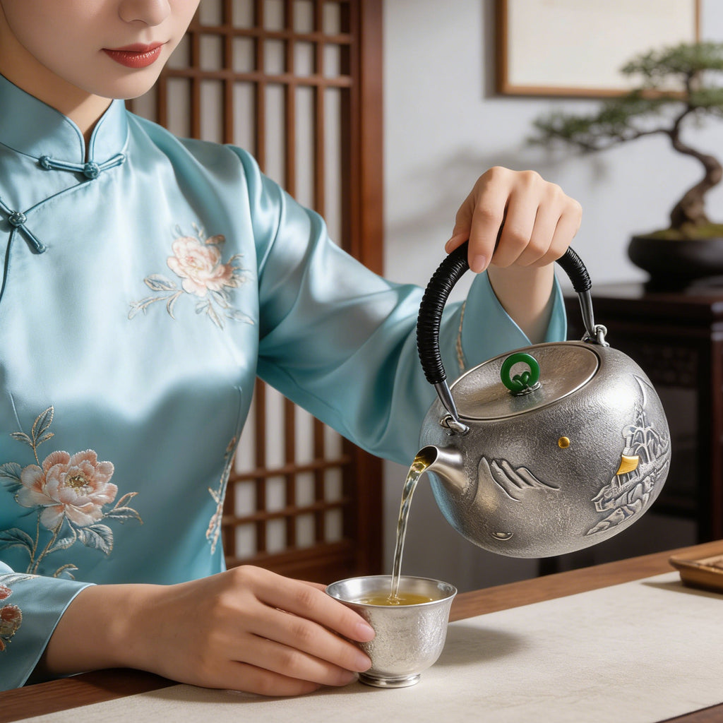 Pure 999 Fine Silver Artisan Silver Teapot with Traditional Landscape Engravings and Green Jade Ring Knob - Handicraft