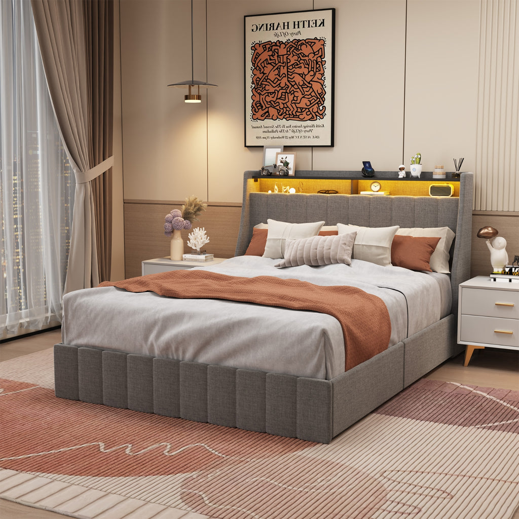 Queen Size Bed Frame With LED, Storage Drawers, Wings Headboard - Light Gray