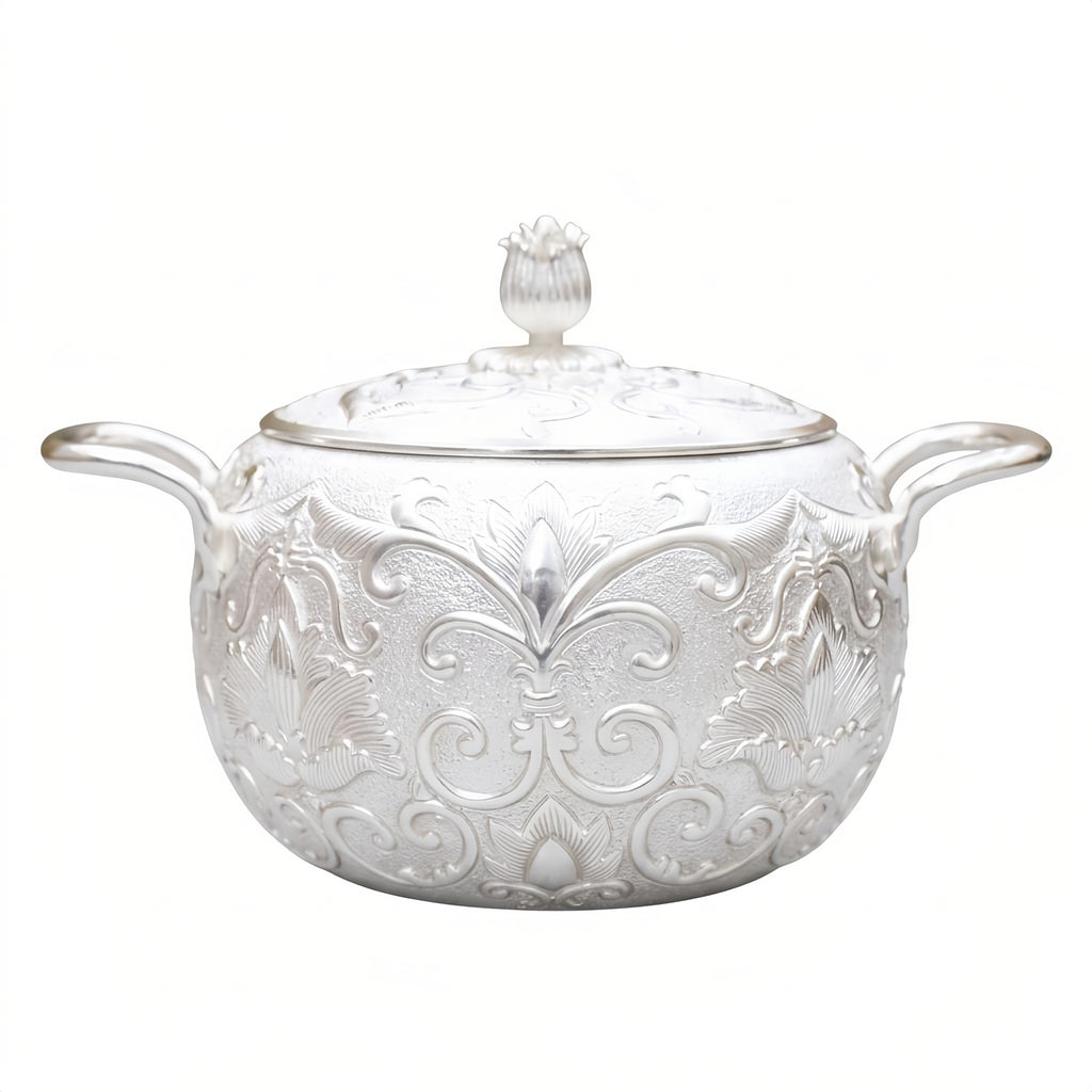 Pure 999 Fine Silver Elegant Silver-Plated Tureen with Intricate Floral Engravings and Matching Lid - Handicraft