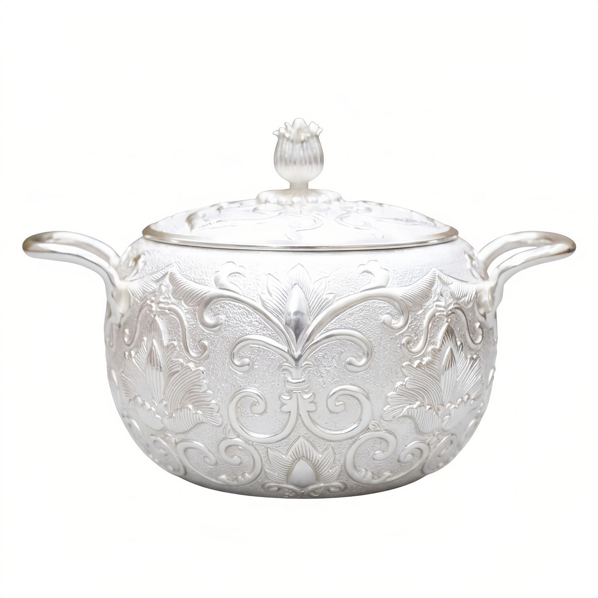 Pure 999 Fine Silver Elegant Silver-Plated Tureen with Intricate Floral Engravings and Matching Lid - Handicraft