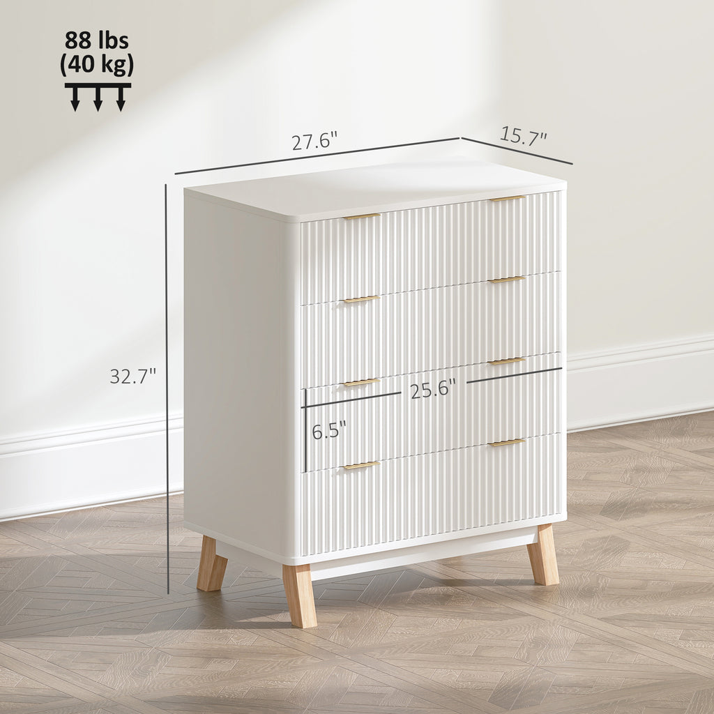 4 Drawer Double Dresser For Bedroom, Fluted Chest Of Drawers With Gold Finger Pulls And 4 Wood Legs, White