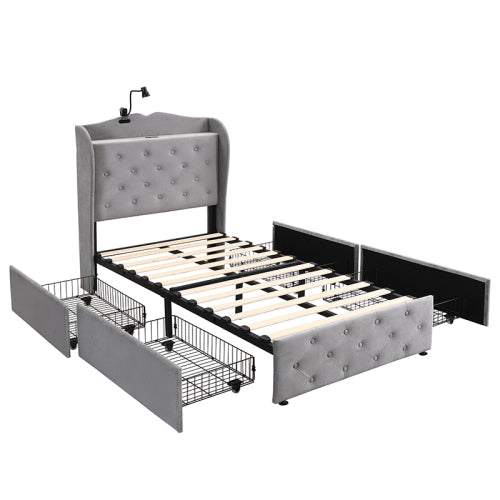 Upholstered Bed, Storage Bed, 3FT Single Bed 90x190cm, With 4 Drawers And Lamp, 3 USB Port 1 Type C, Durable And Sturdy, Youth Bed, For Adults  Teenagers, Velvet, Grey