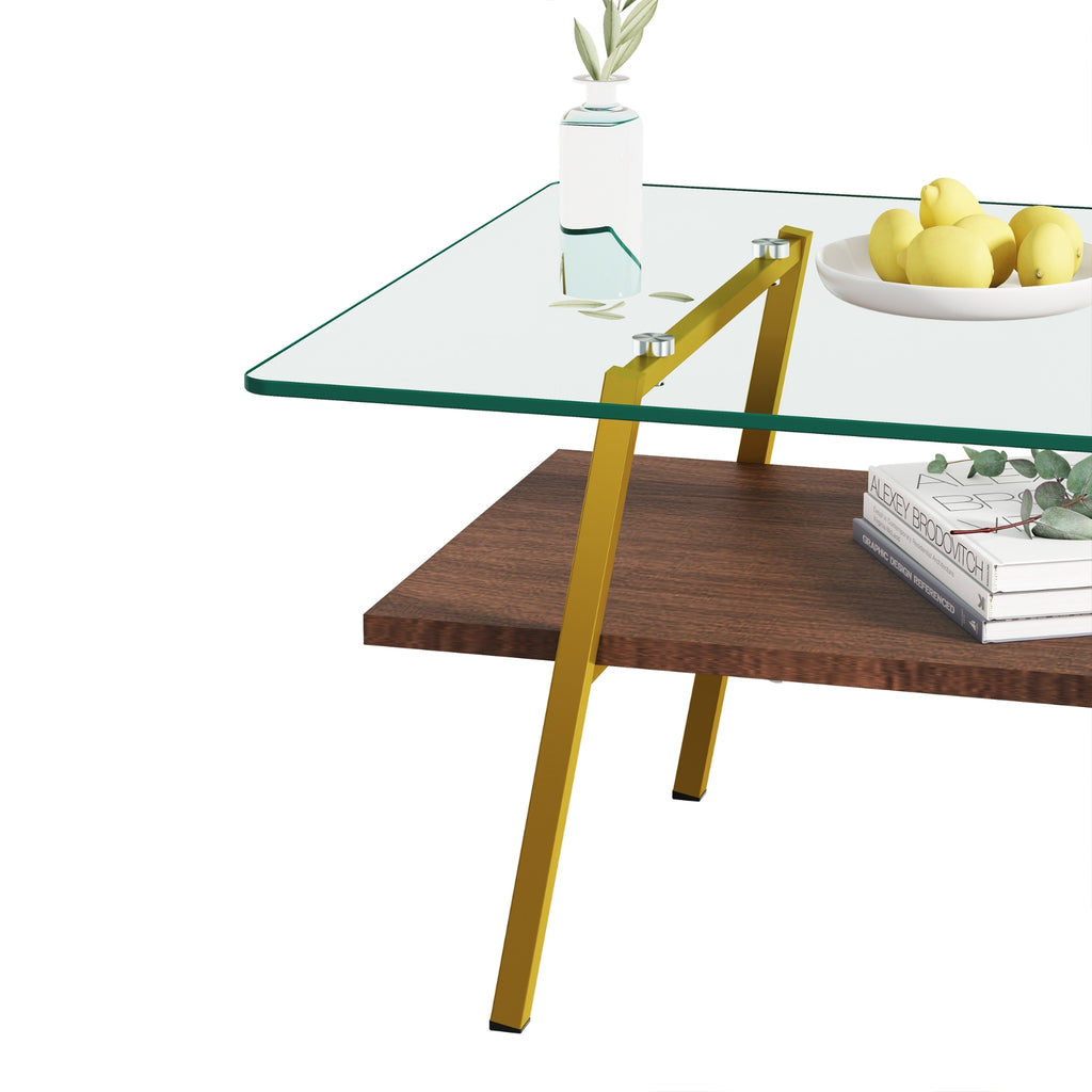 Rectangle Coffee Table, Tempered Glass Tabletop With Gold Metal Legs, Modern Table For Living Room
