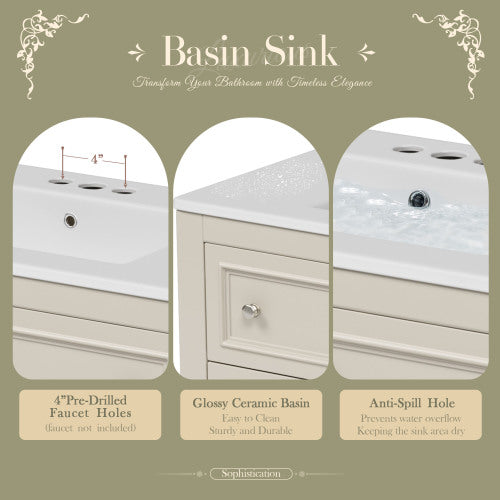 36'' Bathroom Vanity With Medicine Cabinet, Modern Mirror Cabinet With Adjustable Shelf, Bathroom Storage Cabinet With 4 Drawers, Solid Wood Frame Bathroom Storage Cabinet