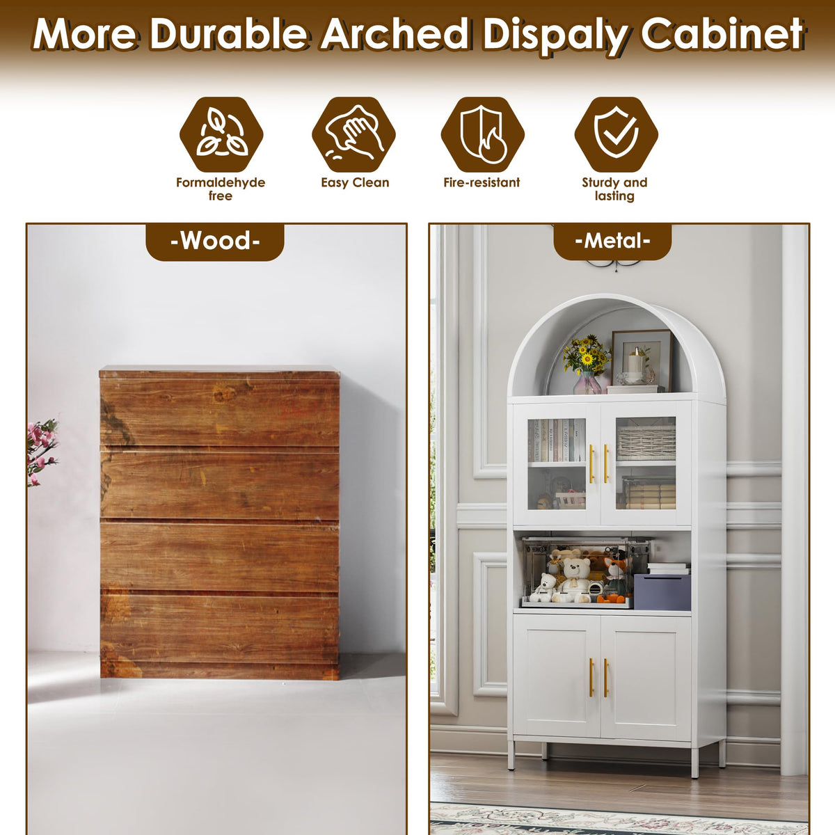 Metal Arched Cabinet,73'' Kitchen Pantry Storage Cabinet With Doors Shelves, White Arched Bookcase Display Bookshelf For Home Office Bar Living Room, Assemble Require