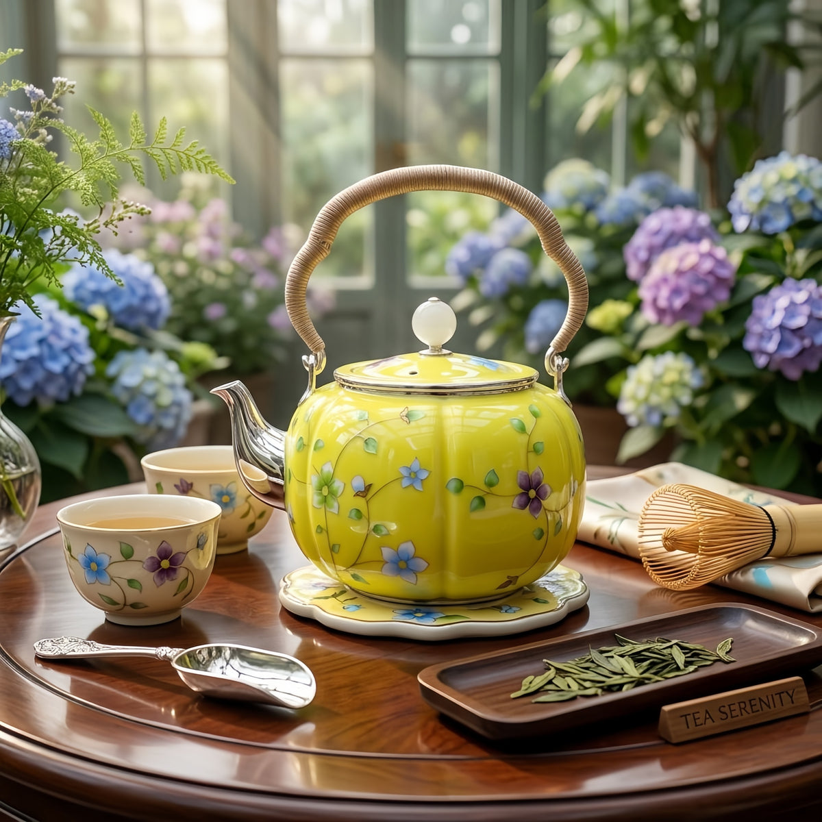 925 Sterling Silver Elegant Hand-Painted Floral Enamel Tea Kettle with Woven Fiber Handle - Handicraft