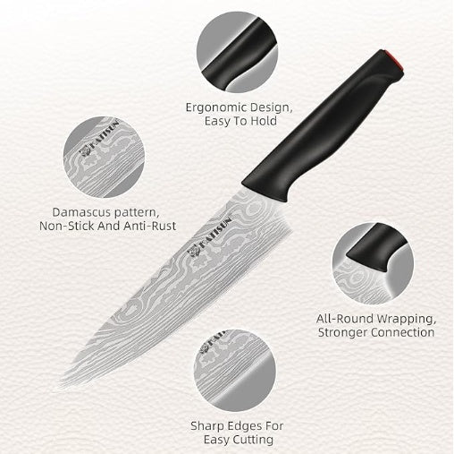 Damascus Pattern 15-Piece Kitchen Knife Set With Block, High Carbon Steel Chef Knife, Includes Sharpener And Scissors, Ergonomic Black Anti-Slip Handle And Red Trim, Perfect For Professionals