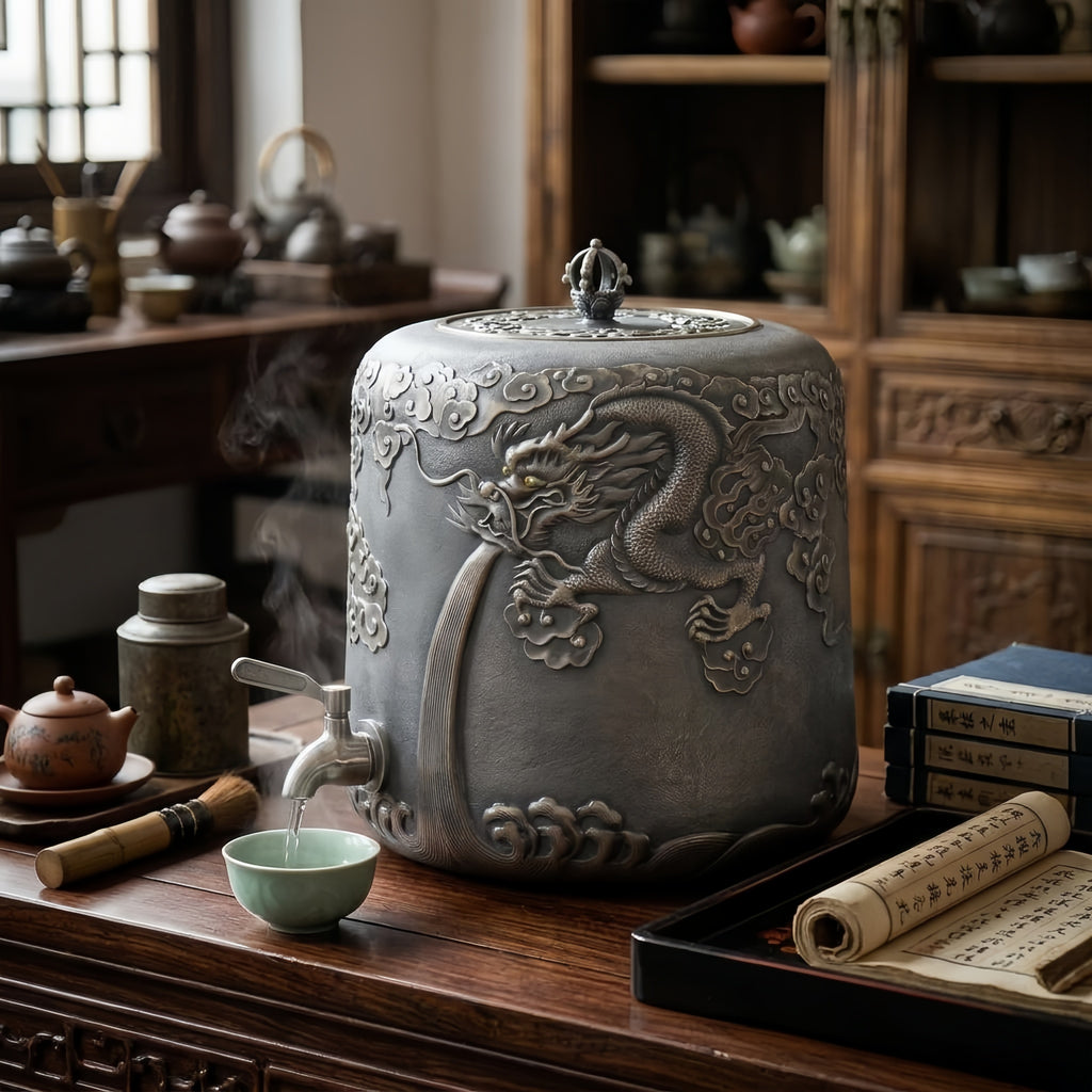 Pure 999 Fine Silver Elegant Silver Dragon Water Dispenser with Embossed Clouds and Waves - Handicraft