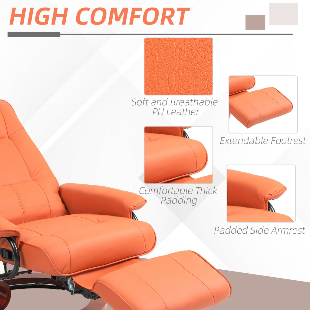 Faux Leather Recliner Chair, Swivel Recliner with Footrest, Armrest and Wood Base for Living Room, Orange