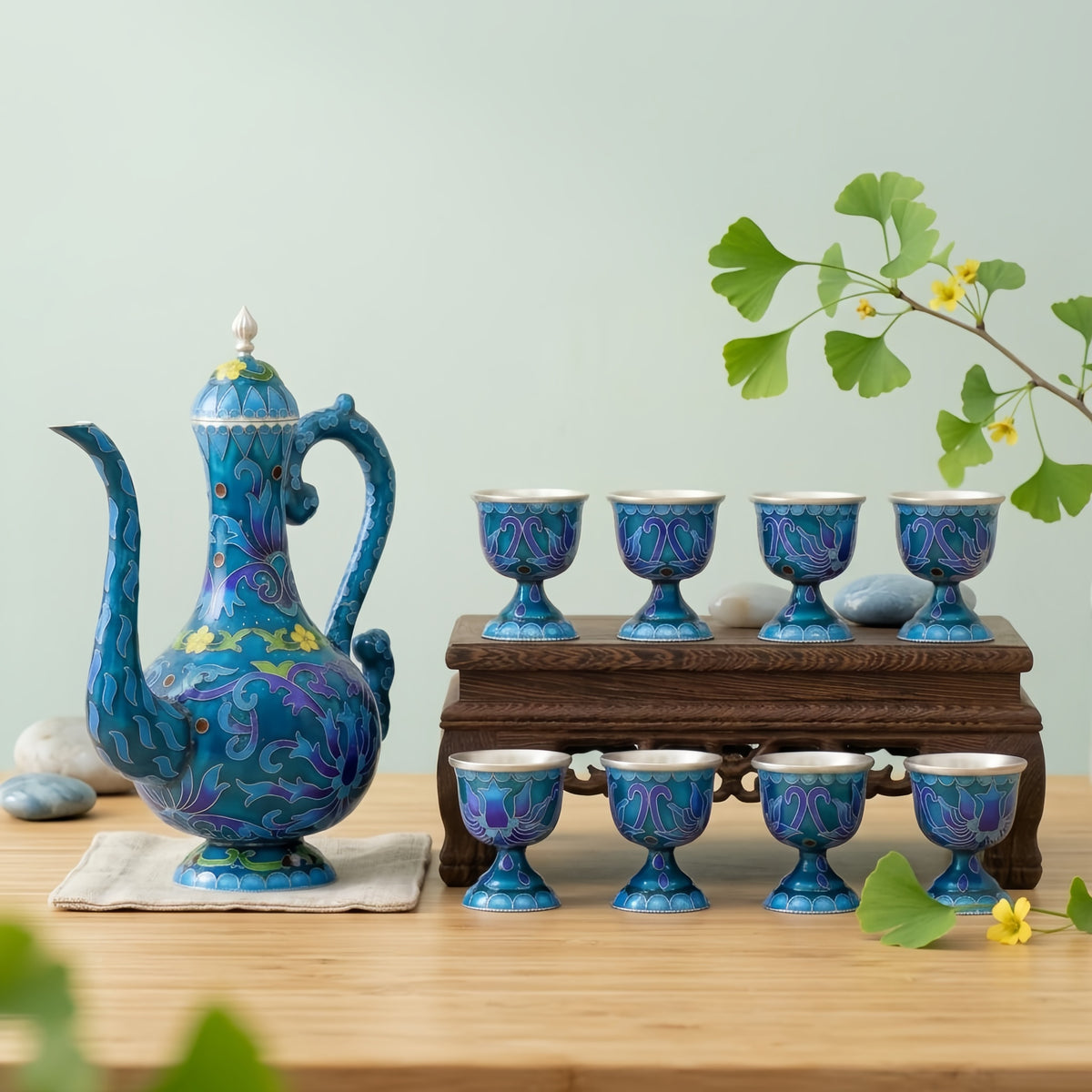 925 Sterling Silver Blue Cloisonné Enamel Teapot and Eight Cups Set on Wooden Stand - Handicraft