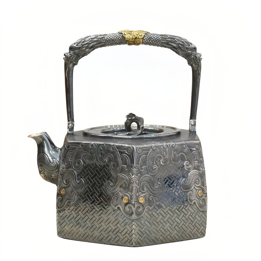 Pure 999 Fine Silver **Title:** Elegant  Dragon Teapot with Gold Accents and Woven Pattern-Fine large teapot - Handicraft