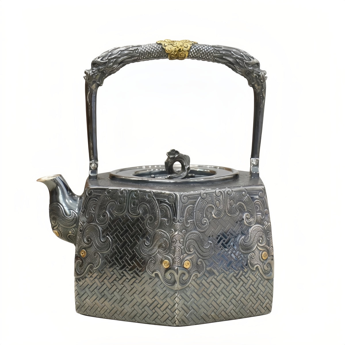 Pure 999 Fine Silver **Title:** Elegant  Dragon Teapot with Gold Accents and Woven Pattern-Fine large teapot - Handicraft