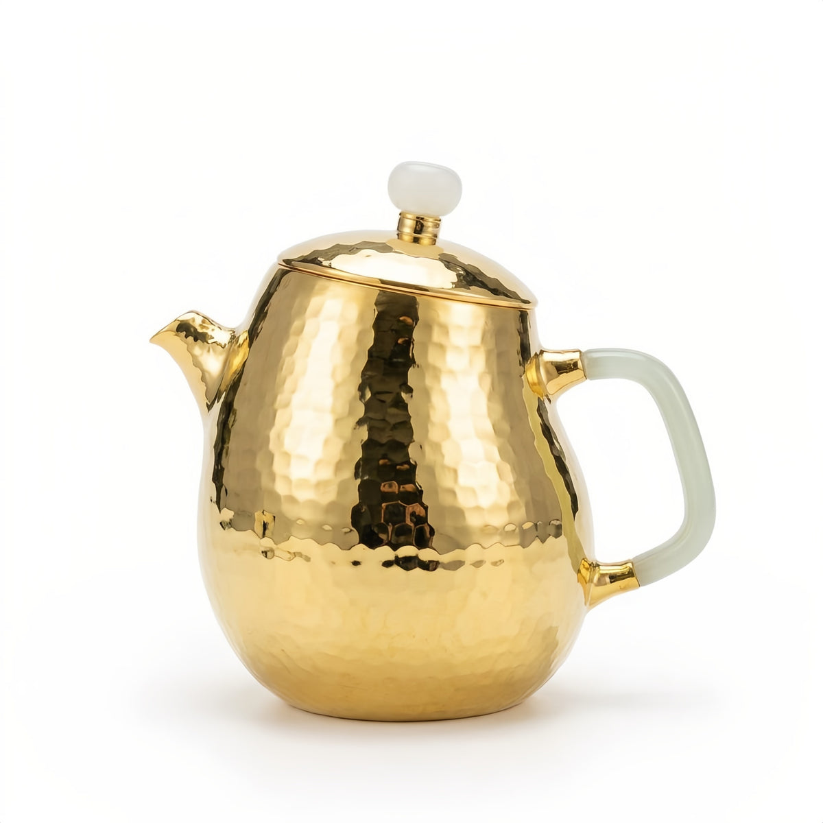 925 Sterling Silver Hammered Gilded Teapot with Elegant Milky White Handle and Finial - Handicraft