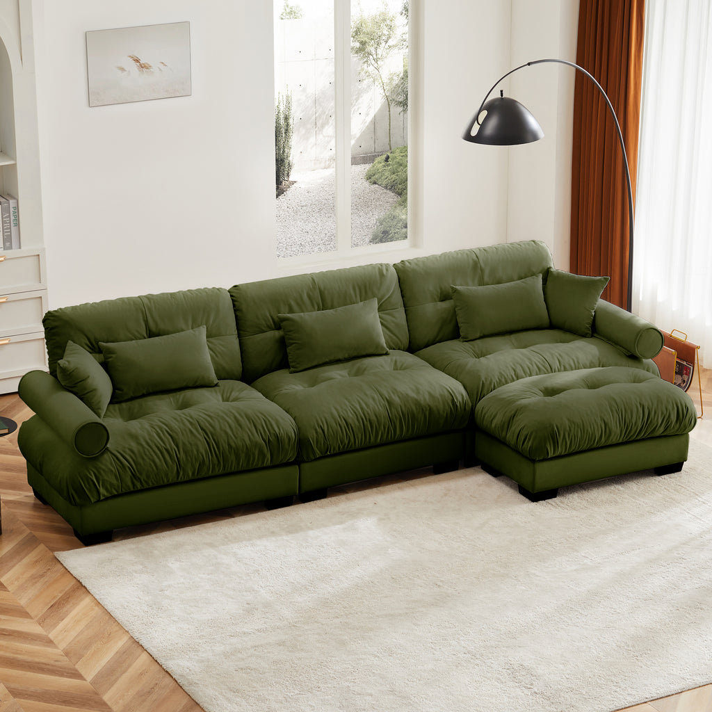 Super Comfort Oversized Modular Velvet Sectional Sofa Couch With Movable Ottoman,Corner Sectional With Bolstered Armrests, Deep Seat Cloud Couch, Convertible L Shaped Couch For Living Room Olive Green