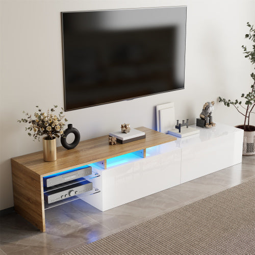 Modern TV Cabinet Design Stylish And Elegant, Practical Storage Space, Black And Wood Look, Glass Shelves, LED Lighting