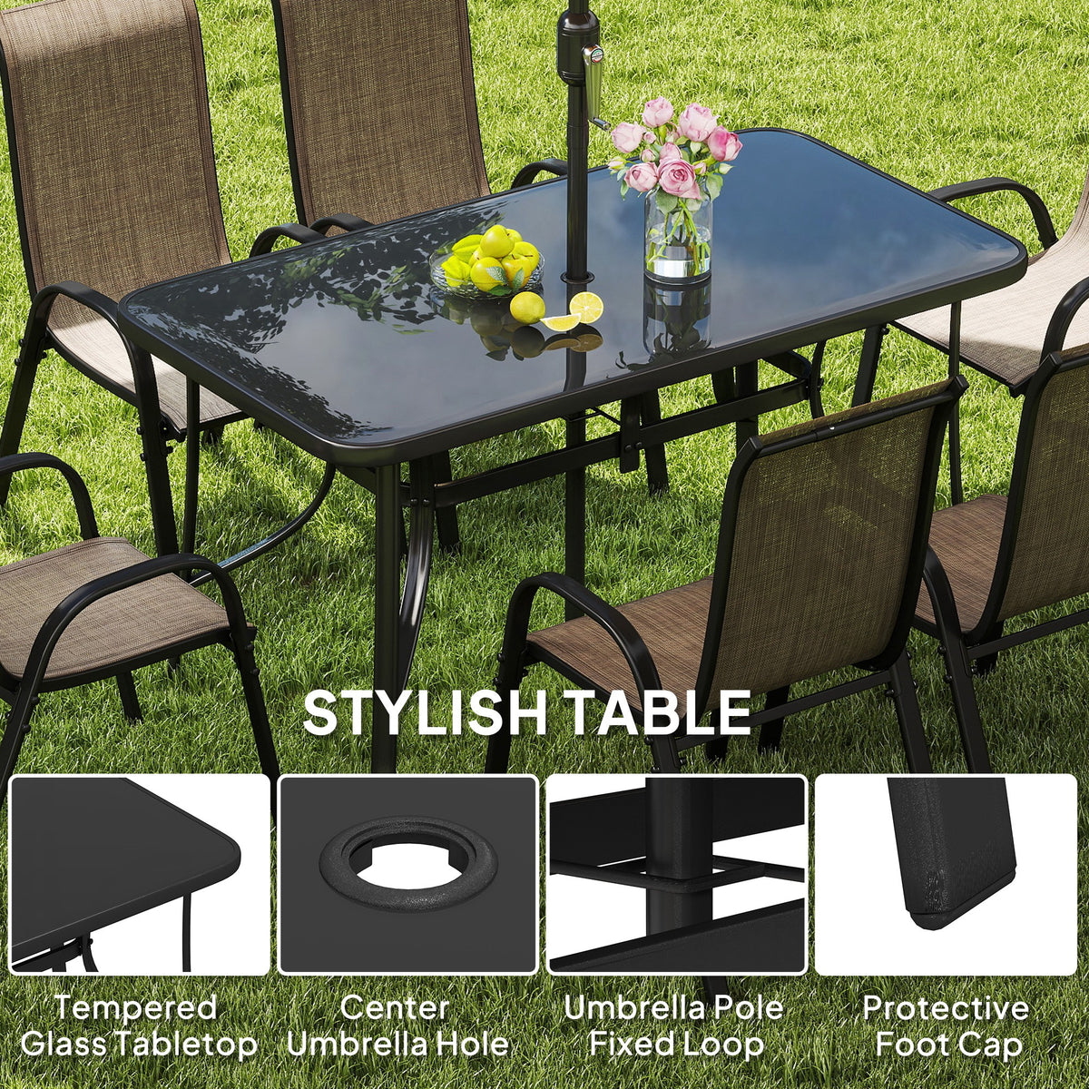 8 Pieces Patio Furniture Set with 9Ft Patio Umbrella, Outdoor Dining Table and Chairs, Light Mixed Brown