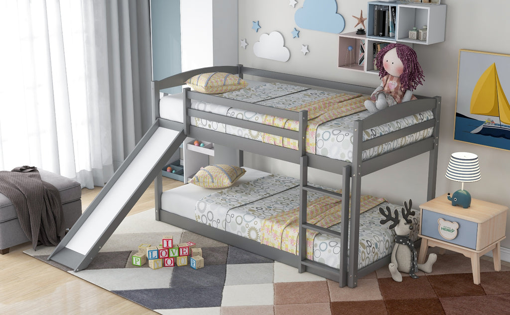 Gray Twin Twin Bunk Bed Convertible Slide Ladder
