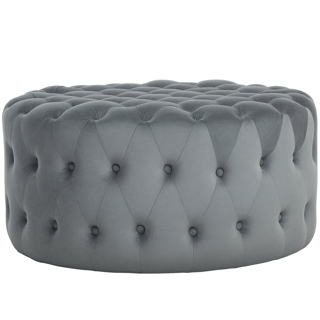 Round Ottoman Coffee Table With Velvet-feel Upholstery, Button Tufted Design And Padded Seat, Dark Gray